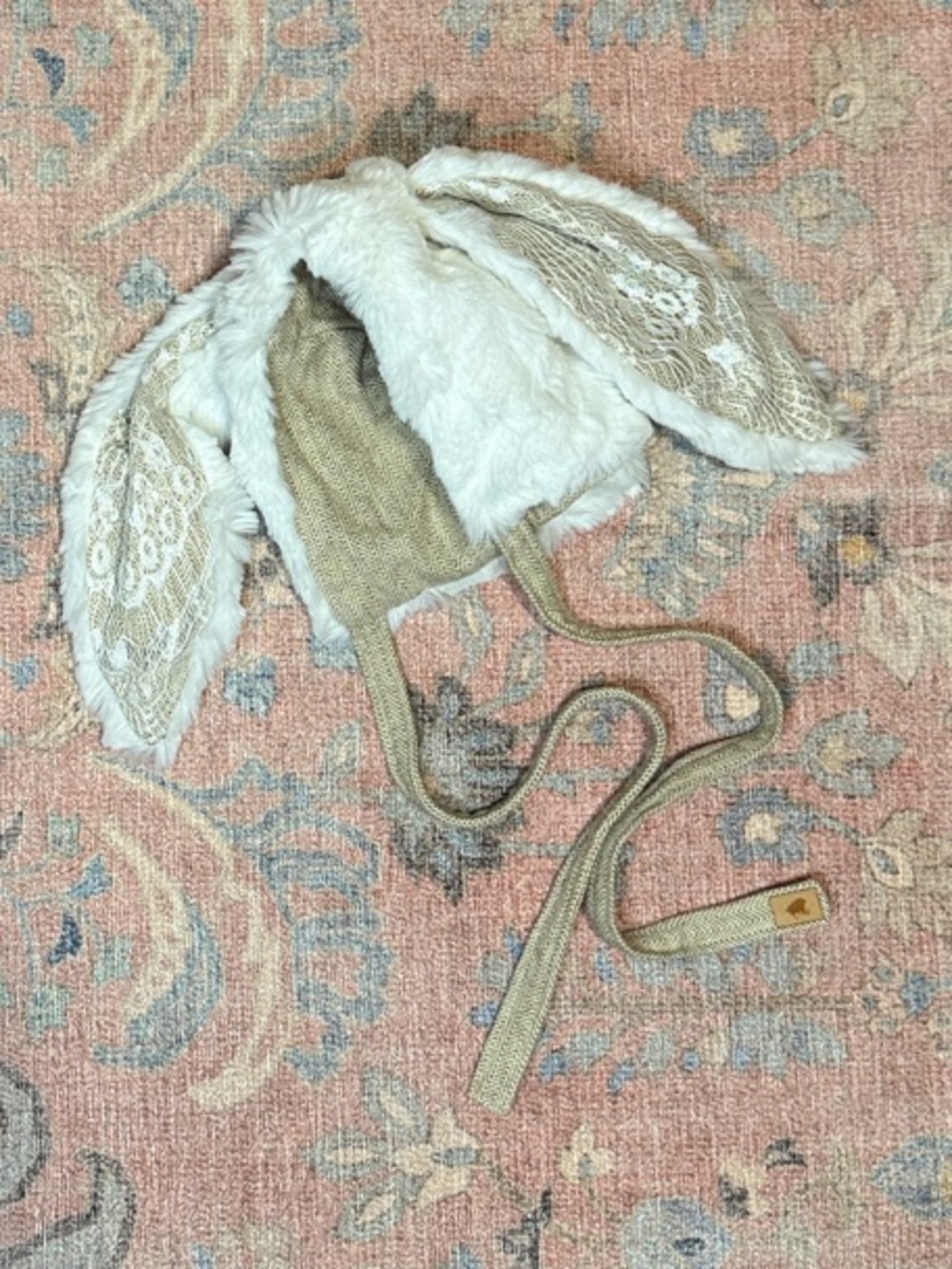 Native Fable Handmade Discont. Baby Faux Fur Bunny Ear Bonnet - Cream Beige Lace